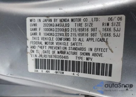 2006 Honda Cr-V Ex from USA, damaged, VIN JHLRD78876C058485